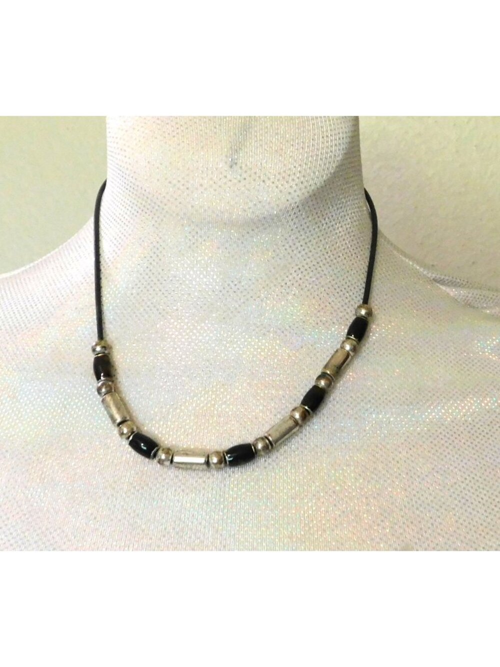 Cool Jewels Beaded Necklace Silver Toned Beads Black Rubber Cord 16-19"